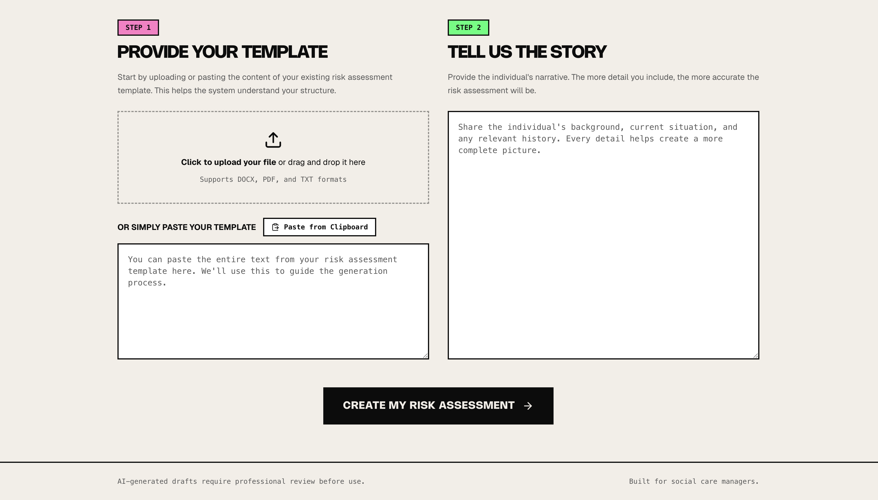 screenshot of the structured input screen next to the generated draft assessment